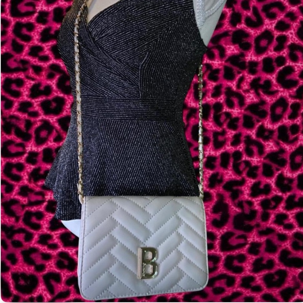 bebe White Quilted Crossbody with Gold Chain and 'B' Logo